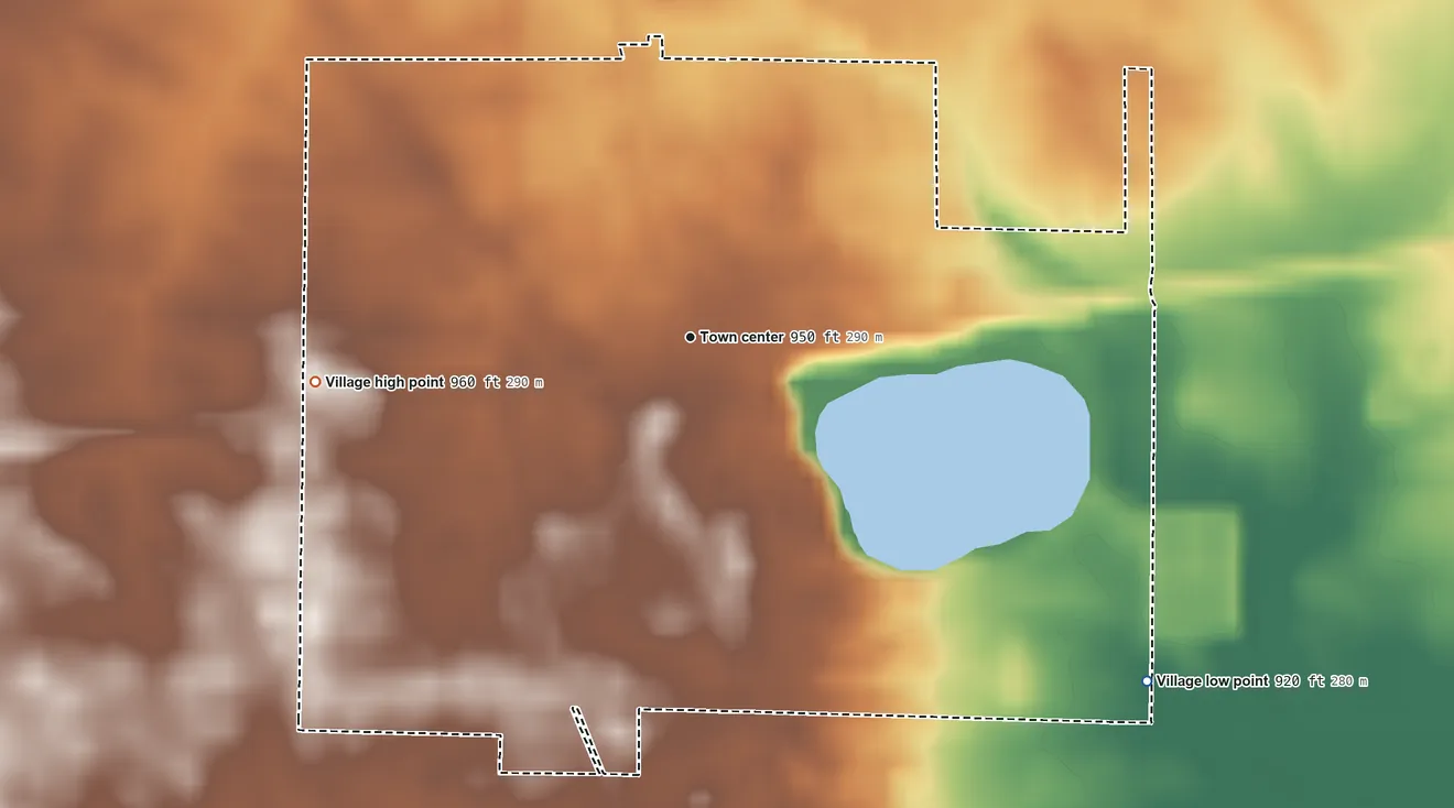Topographic elevation map of Dunkirk, Ohio, shaded from 920 ft on the southeast side to 960 ft on the west side