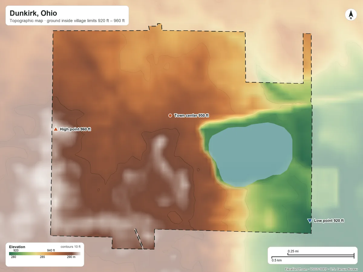 Topographic elevation map of Dunkirk, Ohio, shaded from 920 ft on the southeast side to 960 ft on the west side