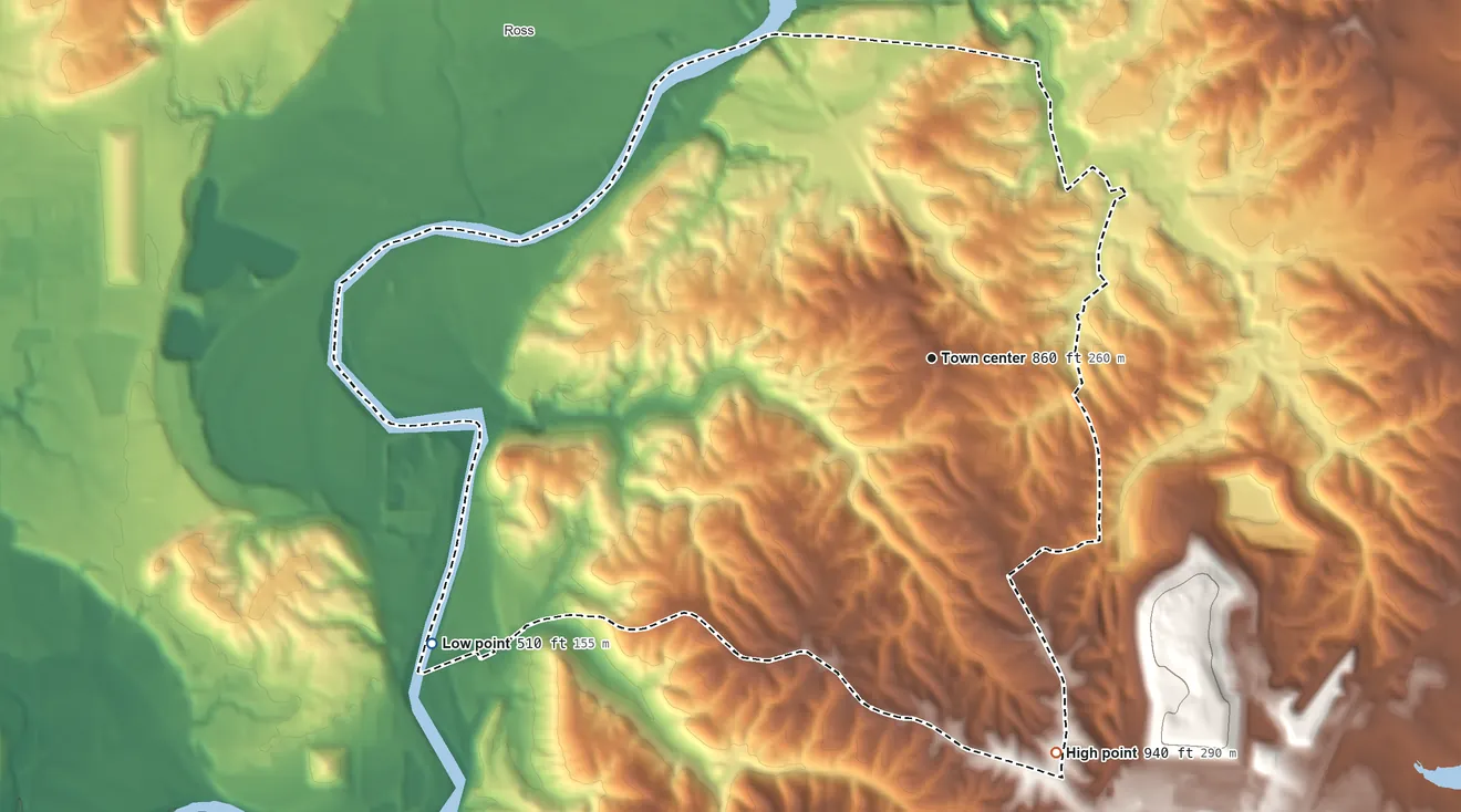 Topographic elevation map of Dunlap, Ohio, shaded from 510 ft on the southwest side to 940 ft on the south side