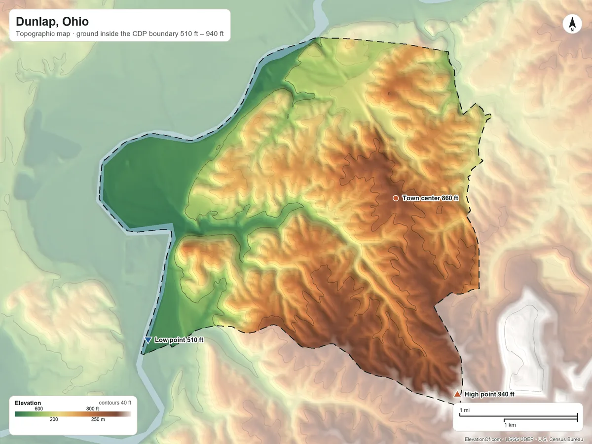 Topographic elevation map of Dunlap, Ohio, shaded from 510 ft on the southwest side to 940 ft on the south side