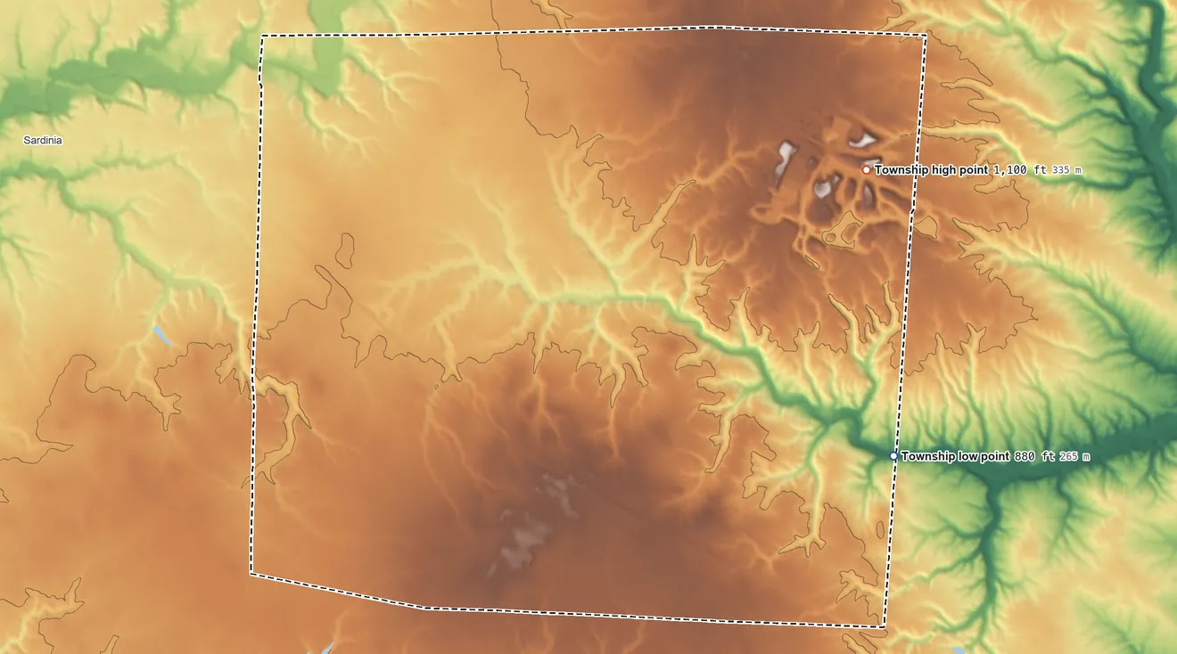 Topographic elevation map of Eagle Township, Ohio, shaded from 880 ft on the east side to 1,100 ft on the northeast side