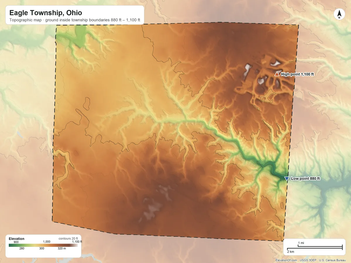 Topographic elevation map of Eagle Township, Ohio, shaded from 880 ft on the east side to 1,100 ft on the northeast side