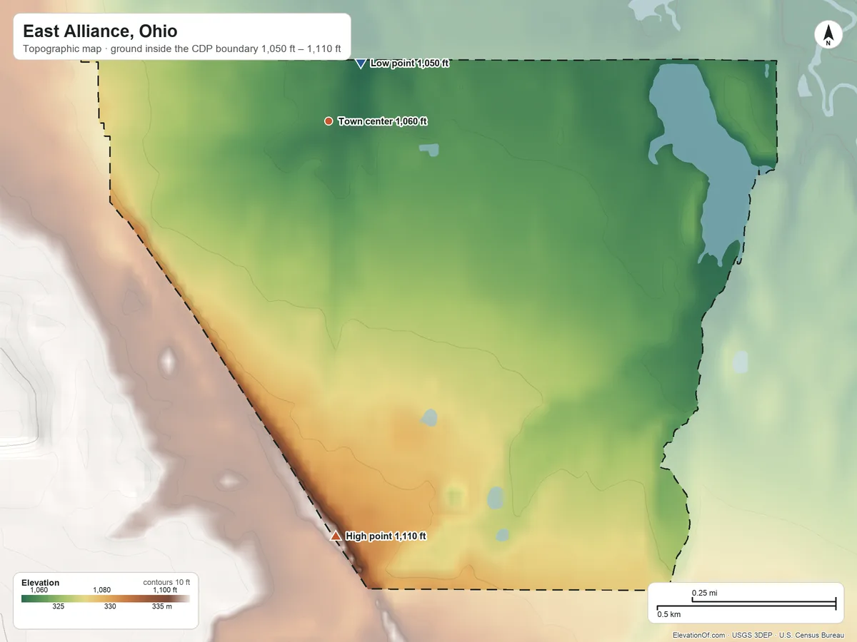 Topographic elevation map of East Alliance, Ohio, shaded from 1,050 ft near the middle to 1,110 ft on the south side