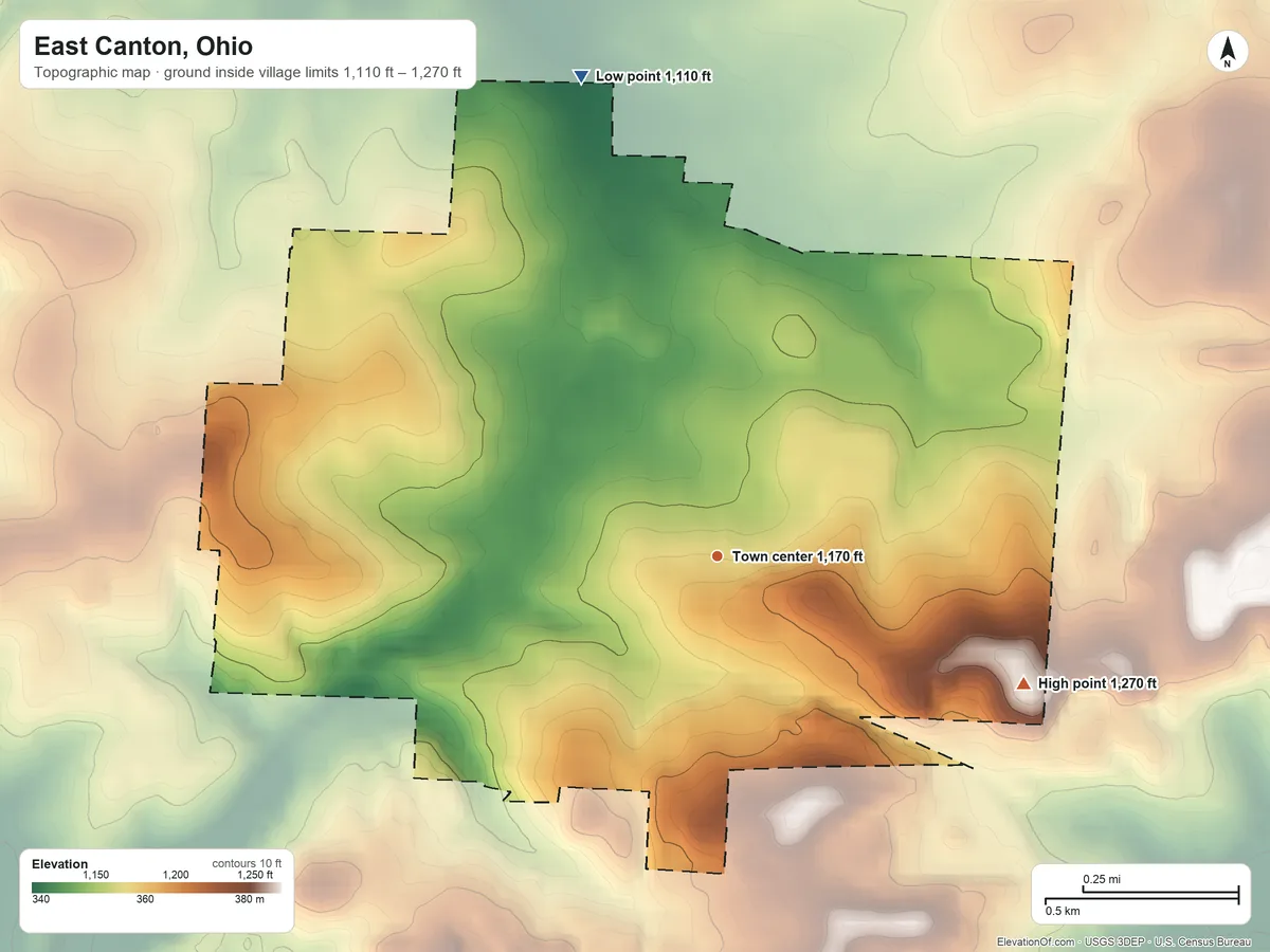 Topographic elevation map of East Canton, Ohio, shaded from 1,110 ft on the north side to 1,270 ft on the southeast side