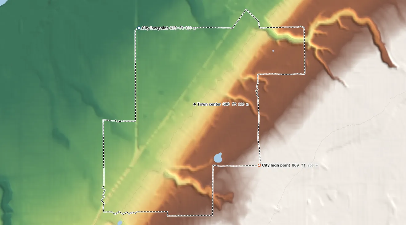 Topographic elevation map of East Cleveland, Ohio, shaded from 620 ft on the northwest side to 860 ft on the southeast side