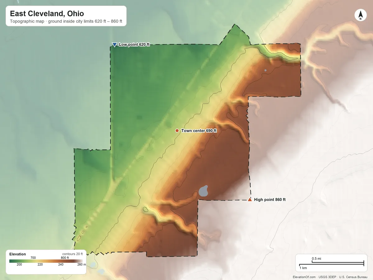 Topographic elevation map of East Cleveland, Ohio, shaded from 620 ft on the northwest side to 860 ft on the southeast side