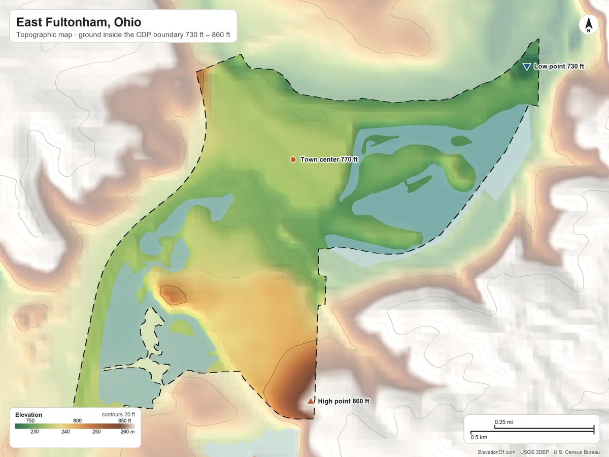 Topographic elevation map of East Fultonham, Ohio, shaded from 730 ft on the east side to 860 ft on the south side