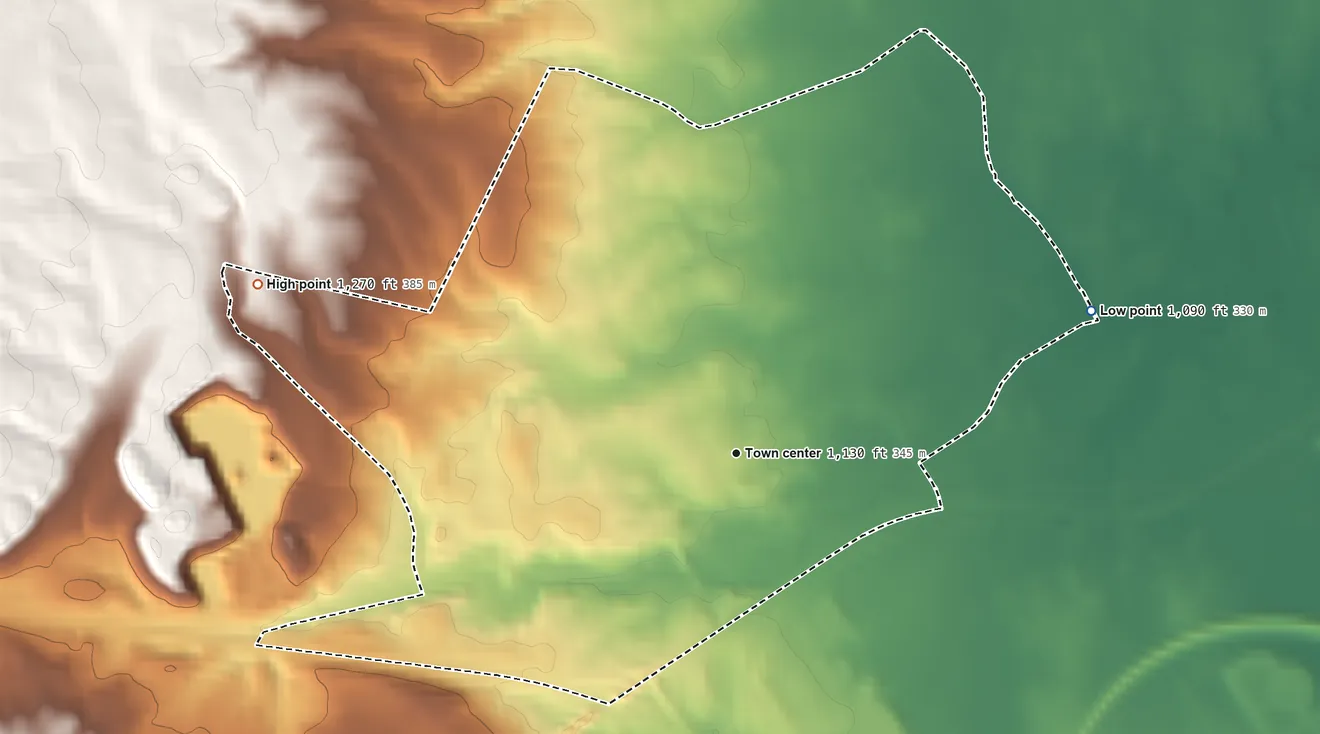 Topographic elevation map of East Liberty, Ohio, shaded from 1,090 ft on the east side to 1,270 ft on the west side