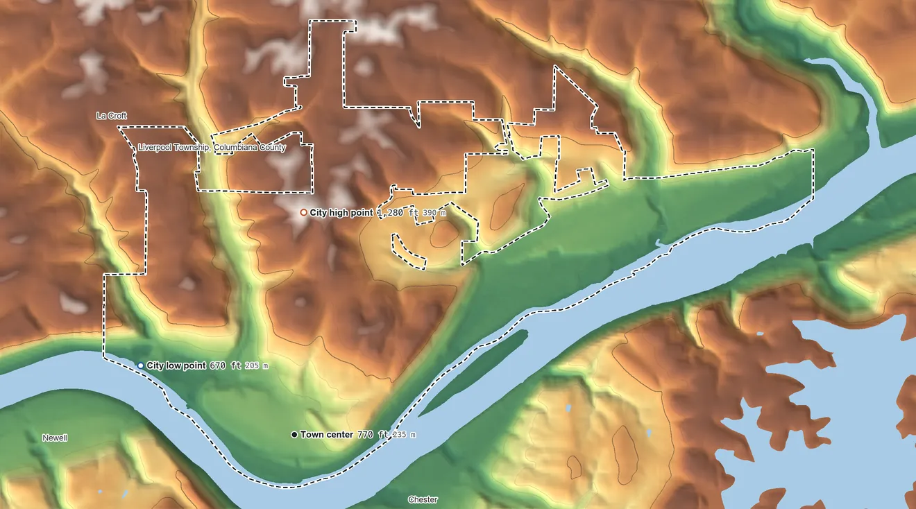 Topographic elevation map of East Liverpool, Ohio, shaded from 670 ft on the northwest side to 1,280 ft on the north side