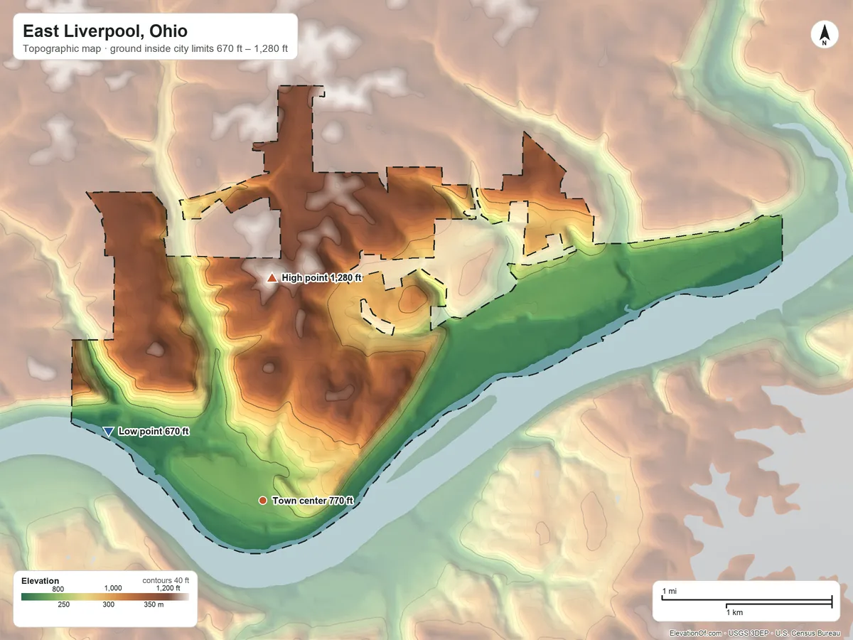 Topographic elevation map of East Liverpool, Ohio, shaded from 670 ft on the northwest side to 1,280 ft on the north side