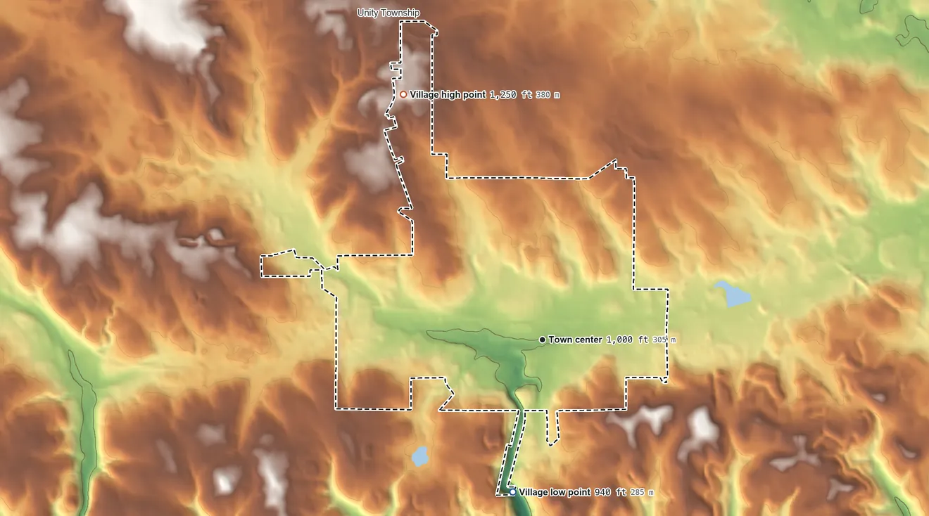 Topographic elevation map of East Palestine, Ohio, shaded from 940 ft on the south side to 1,250 ft on the northwest side