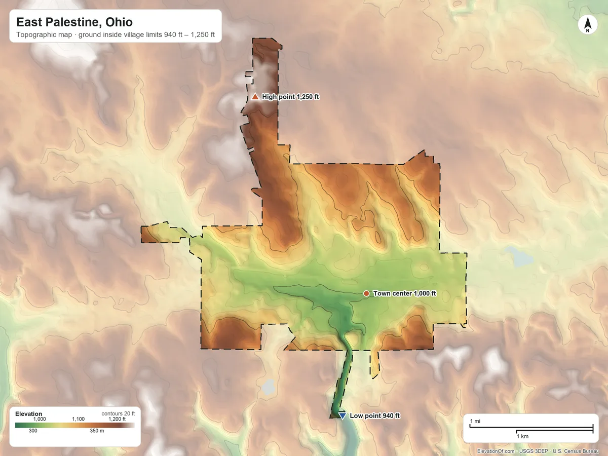 Topographic elevation map of East Palestine, Ohio, shaded from 940 ft on the south side to 1,250 ft on the northwest side