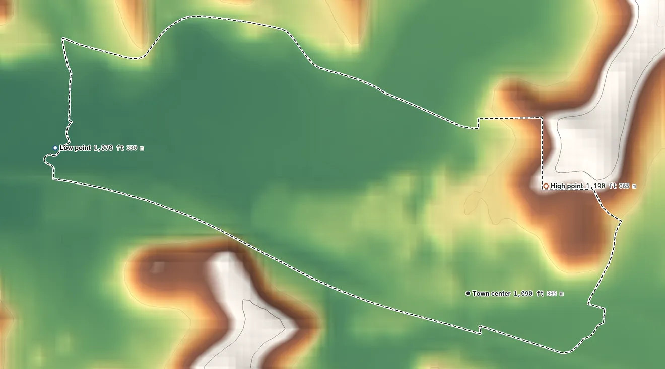 Topographic elevation map of East Rochester, Ohio, shaded from 1,070 ft on the west side to 1,190 ft on the northeast side