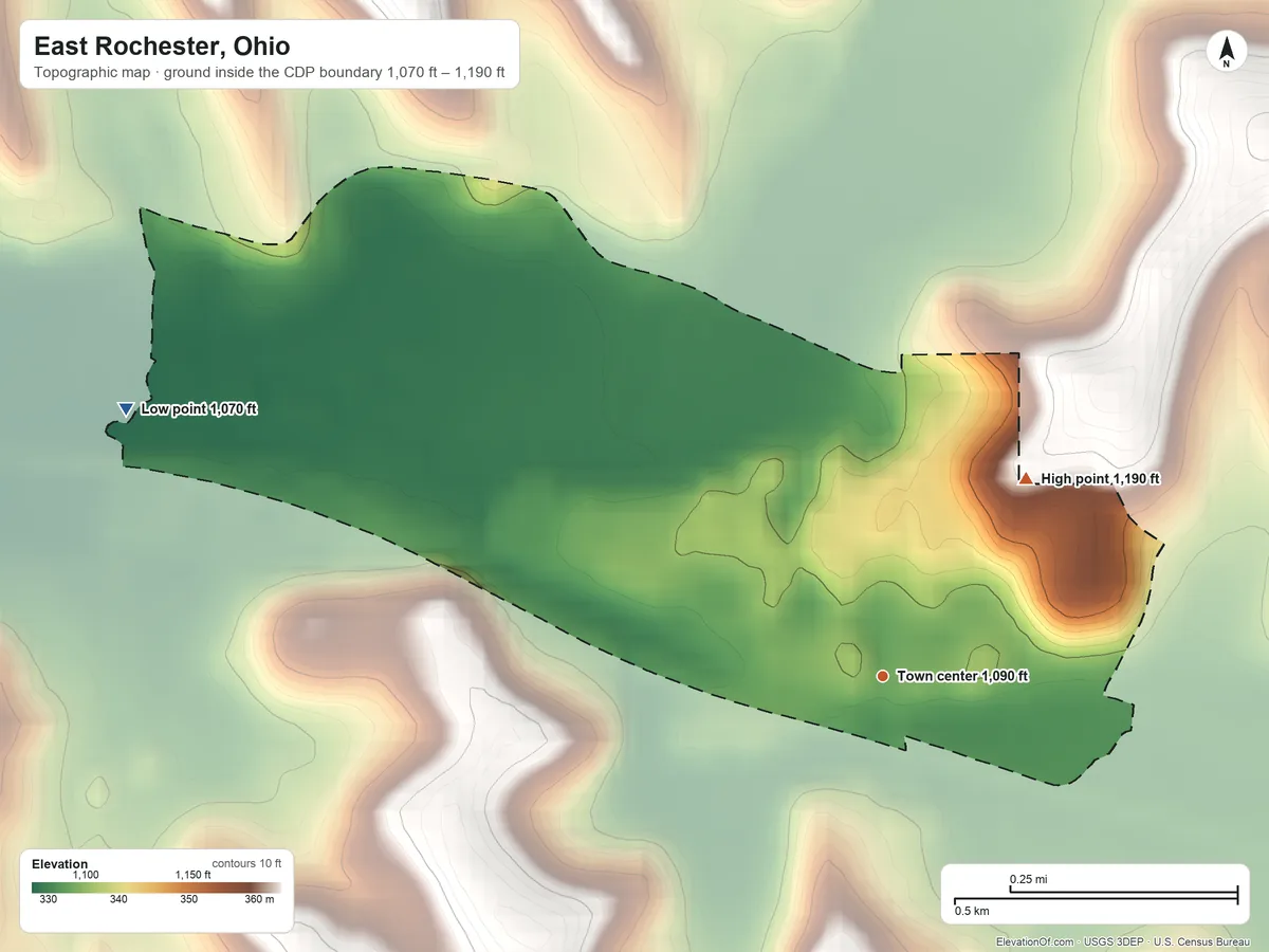 Topographic elevation map of East Rochester, Ohio, shaded from 1,070 ft on the west side to 1,190 ft on the northeast side