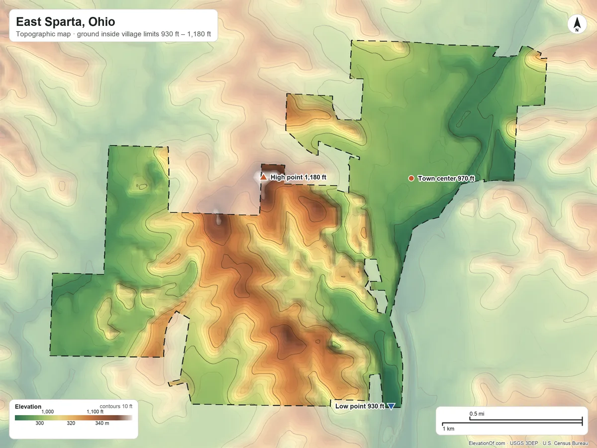 Topographic elevation map of East Sparta, Ohio, shaded from 930 ft on the south side to 1,180 ft on the west side