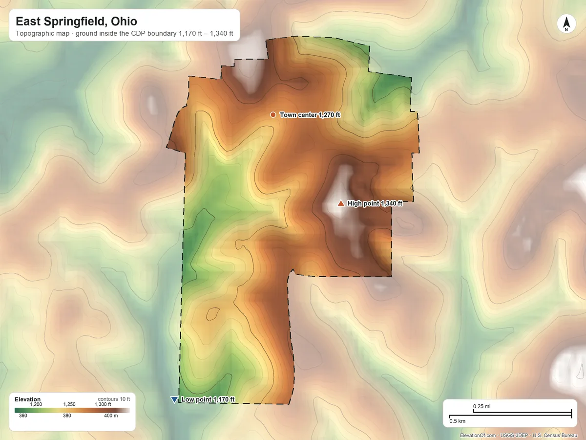 Topographic elevation map of East Springfield, Ohio, shaded from 1,170 ft on the south side to 1,340 ft on the southeast side