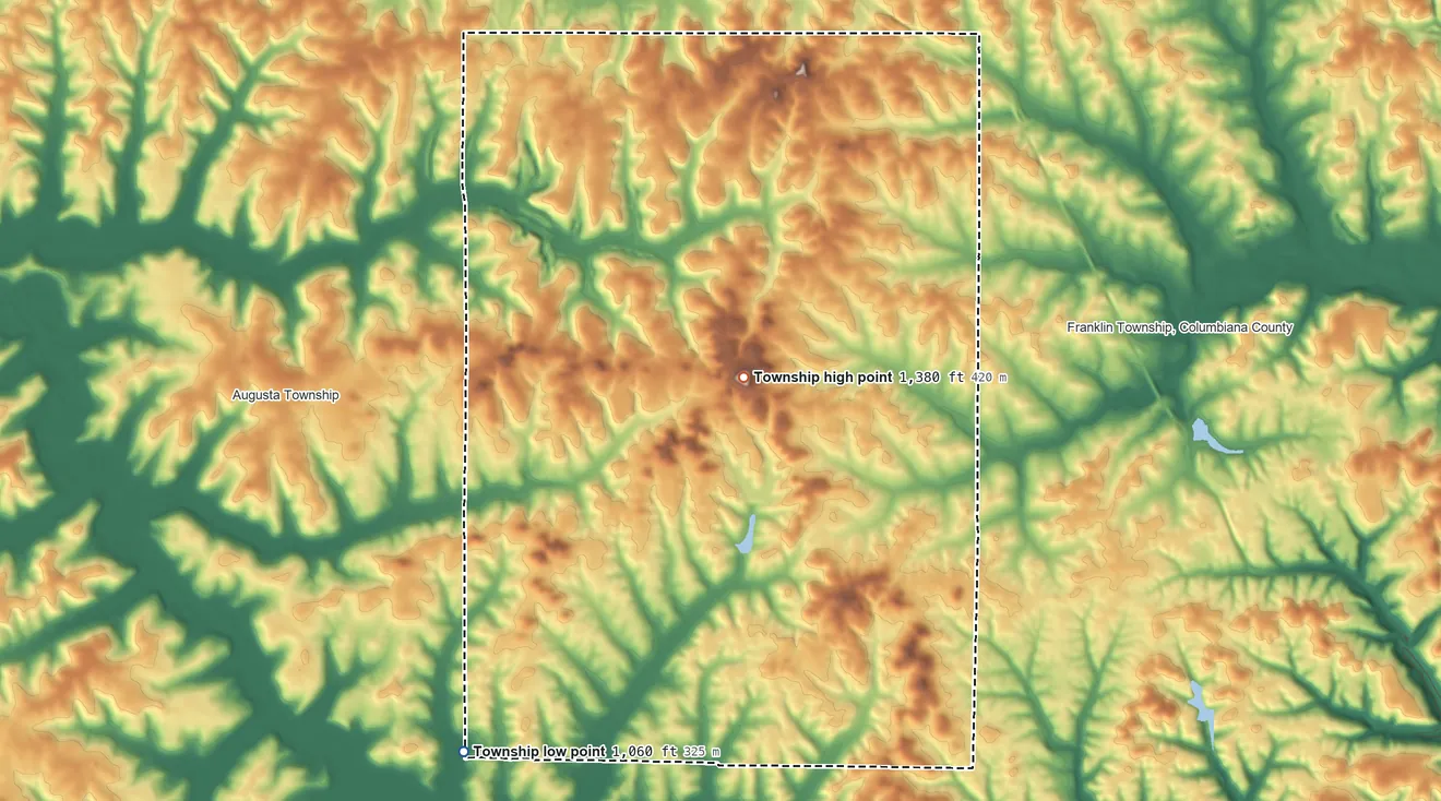 Topographic elevation map of East Township, Ohio, shaded from 1,060 ft on the southwest side to 1,380 ft on the south side