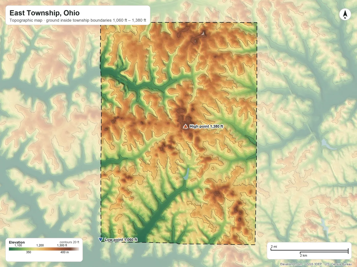 Topographic elevation map of East Township, Ohio, shaded from 1,060 ft on the southwest side to 1,380 ft on the south side