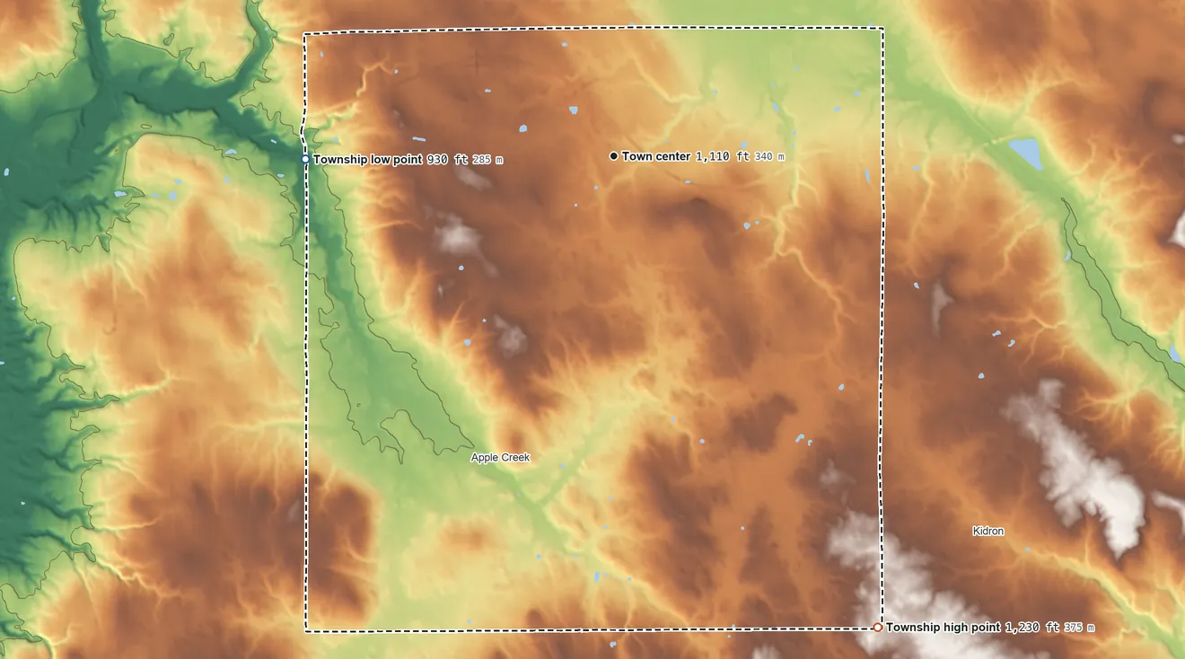 Topographic elevation map of East Union Township, Ohio, shaded from 930 ft on the west side to 1,230 ft on the southeast side