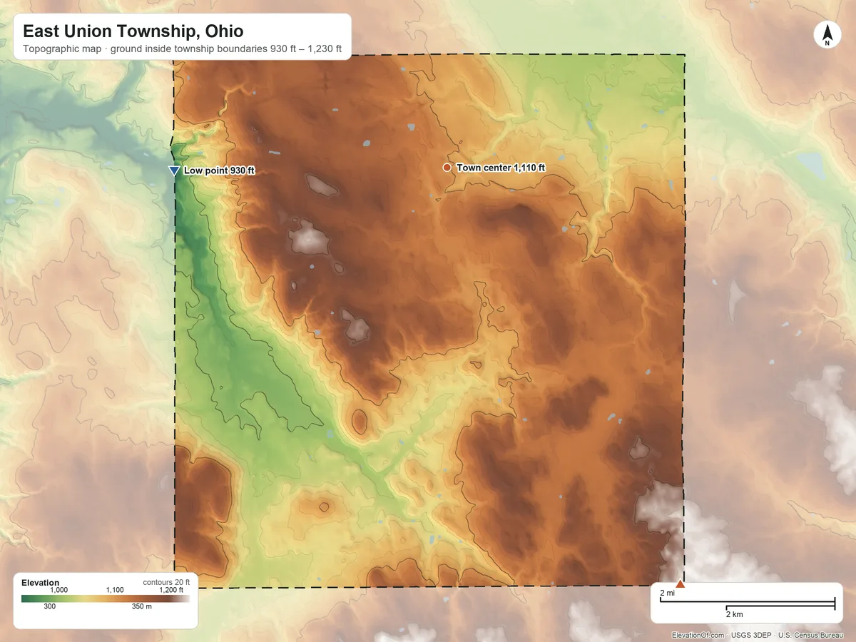 Topographic elevation map of East Union Township, Ohio, shaded from 930 ft on the west side to 1,230 ft on the southeast side