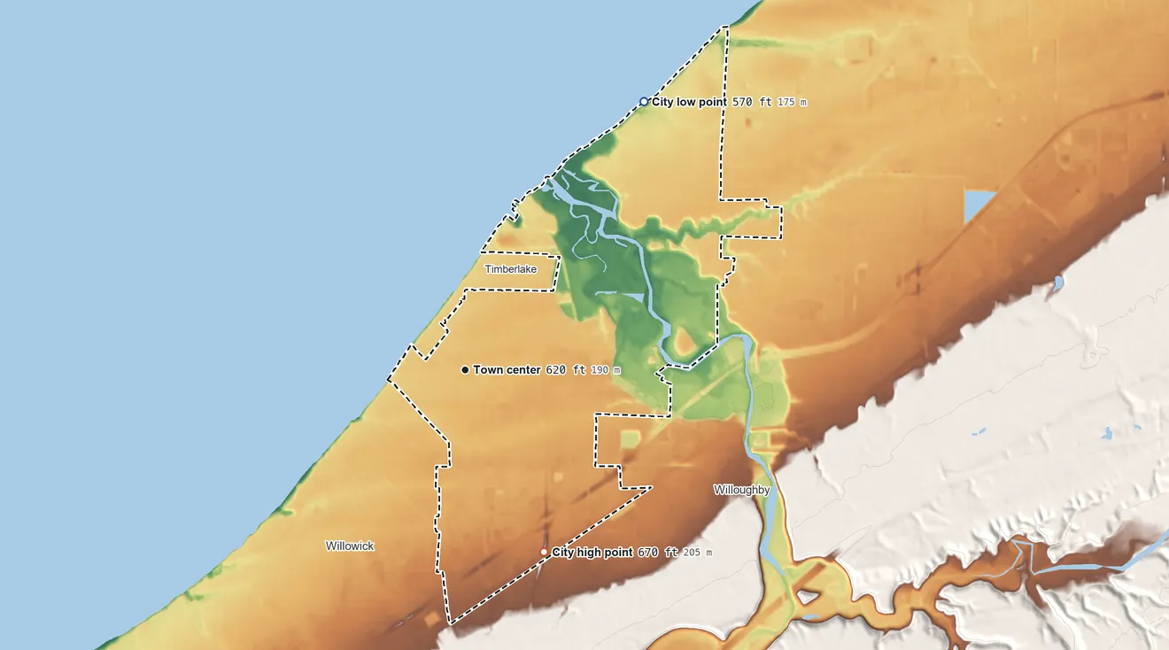Topographic elevation map of Eastlake, Ohio, shaded from 570 ft on the northeast side to 670 ft on the southeast side
