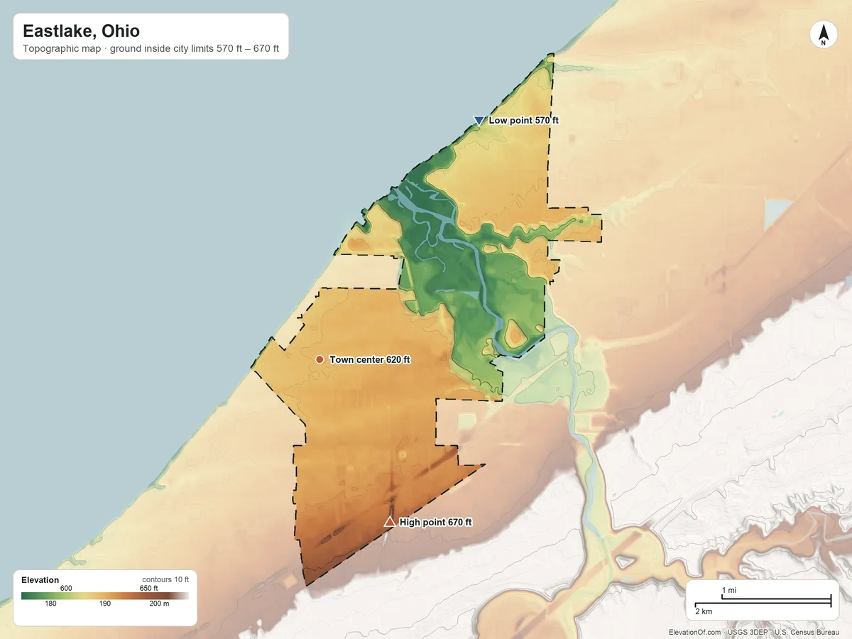 Topographic elevation map of Eastlake, Ohio, shaded from 570 ft on the northeast side to 670 ft on the southeast side