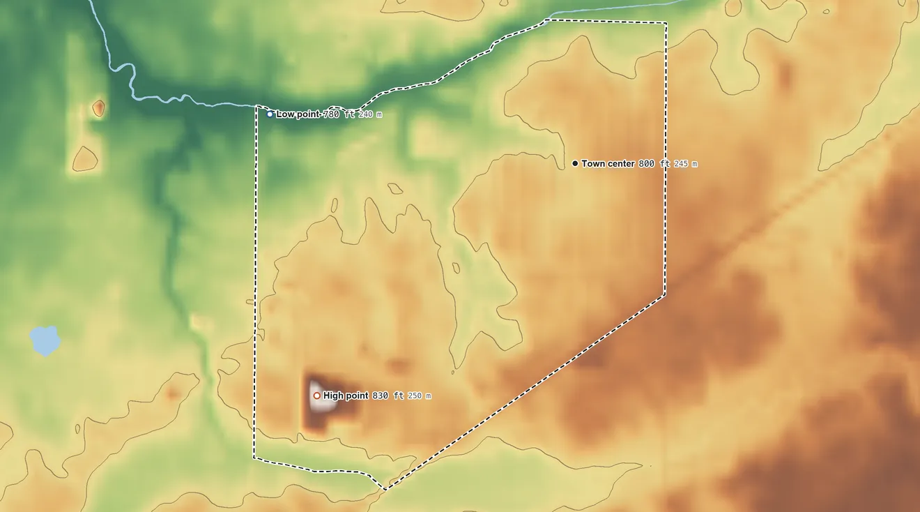Topographic elevation map of Eaton Estates, Ohio, shaded from 780 ft on the west side to 830 ft on the southwest side