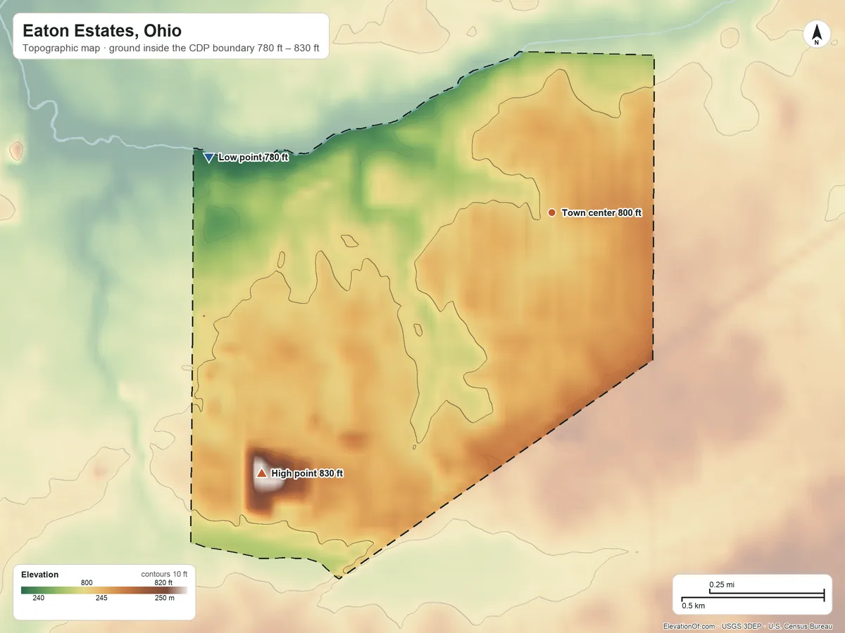 Topographic elevation map of Eaton Estates, Ohio, shaded from 780 ft on the west side to 830 ft on the southwest side