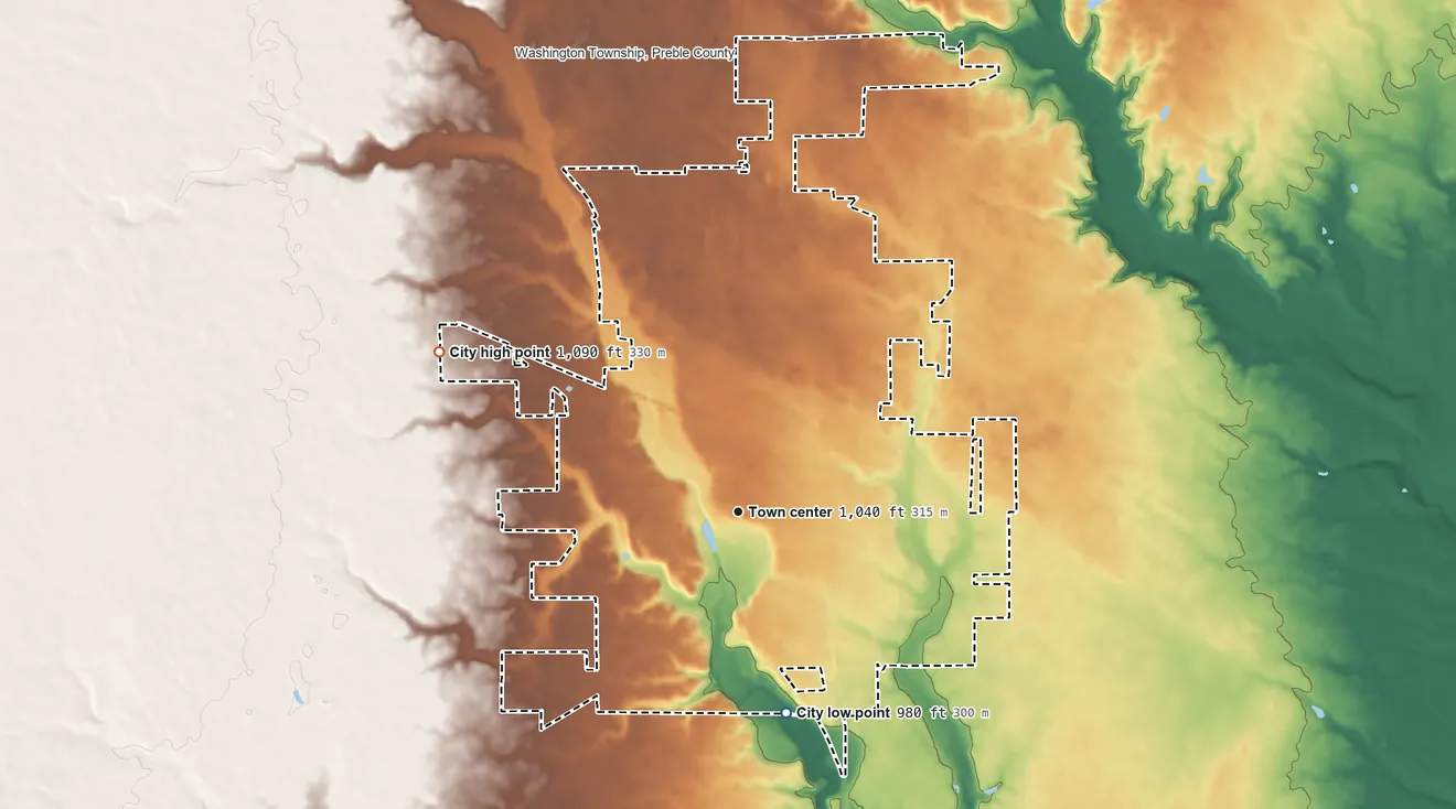Topographic elevation map of Eaton, Ohio, shaded from 980 ft on the south side to 1,090 ft on the northwest side