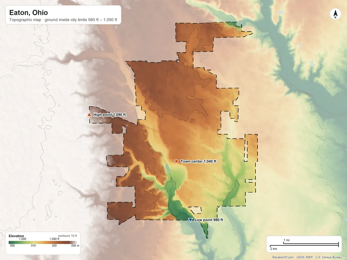 Topographic elevation map of Eaton, Ohio, shaded from 980 ft on the south side to 1,090 ft on the northwest side