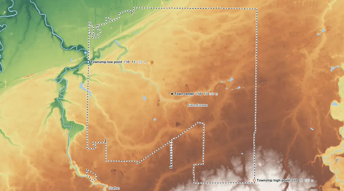 Topographic elevation map of Eaton Township, Ohio, shaded from 730 ft on the west side to 840 ft on the southeast side