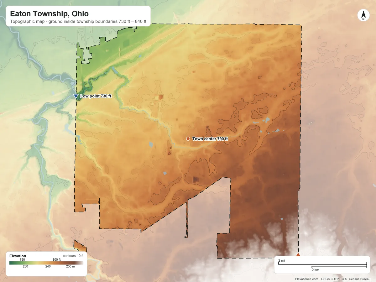 Topographic elevation map of Eaton Township, Ohio, shaded from 730 ft on the west side to 840 ft on the southeast side