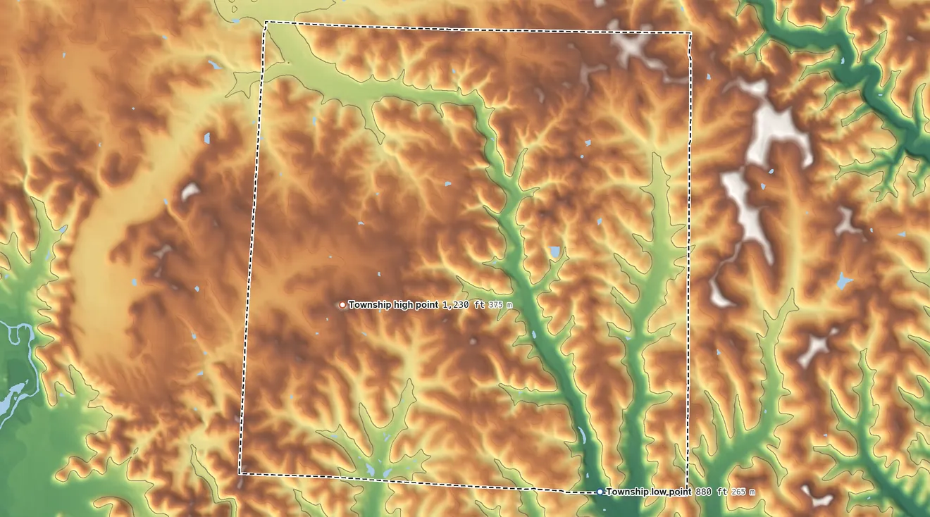 Topographic elevation map of Eden Township, Licking County, Ohio, shaded from 880 ft on the southeast side to 1,230 ft on the west side