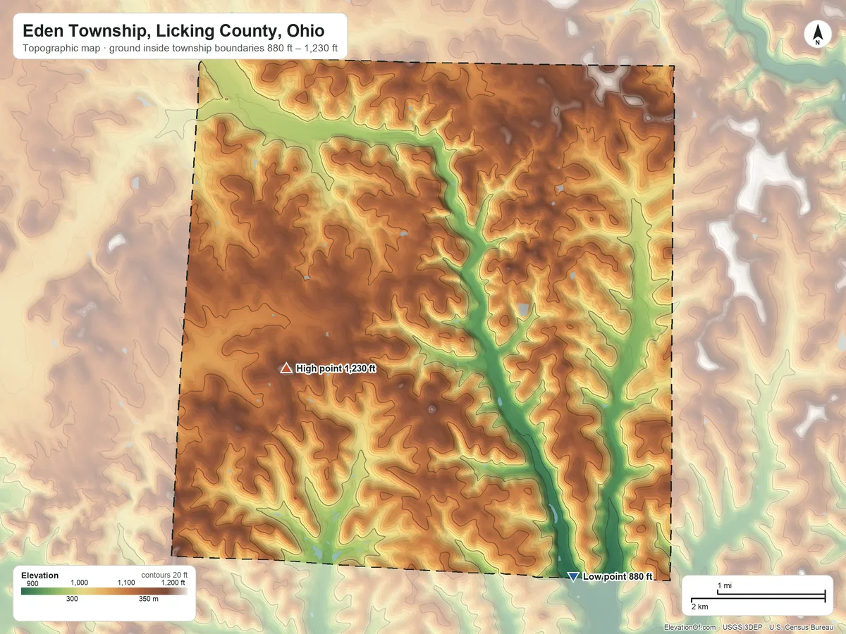 Topographic elevation map of Eden Township, Licking County, Ohio, shaded from 880 ft on the southeast side to 1,230 ft on the west side