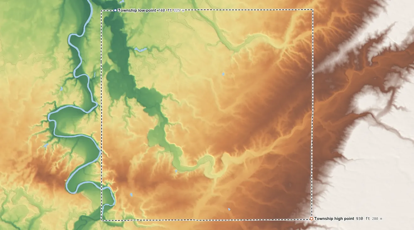 Topographic elevation map of Eden Township, Ohio, shaded from 740 ft on the northwest side to 930 ft on the southeast side