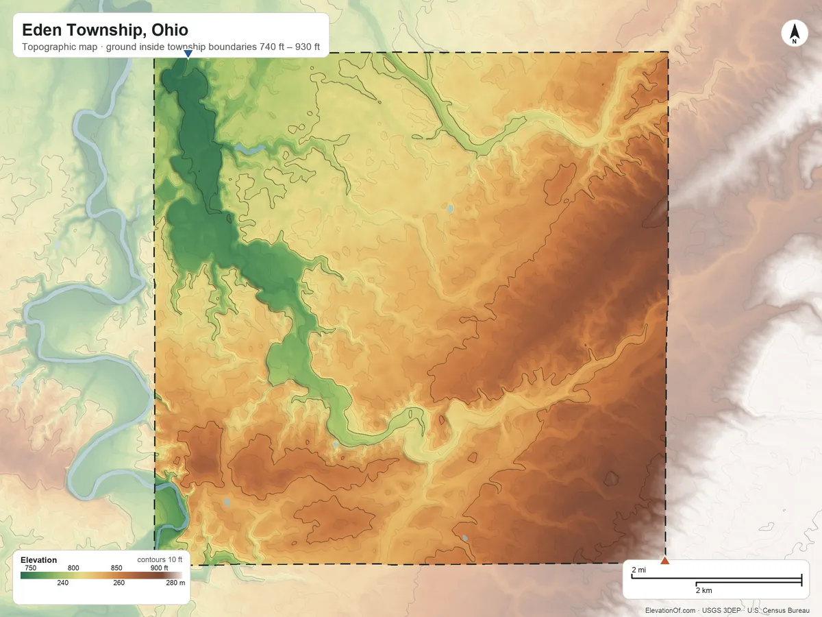 Topographic elevation map of Eden Township, Ohio, shaded from 740 ft on the northwest side to 930 ft on the southeast side