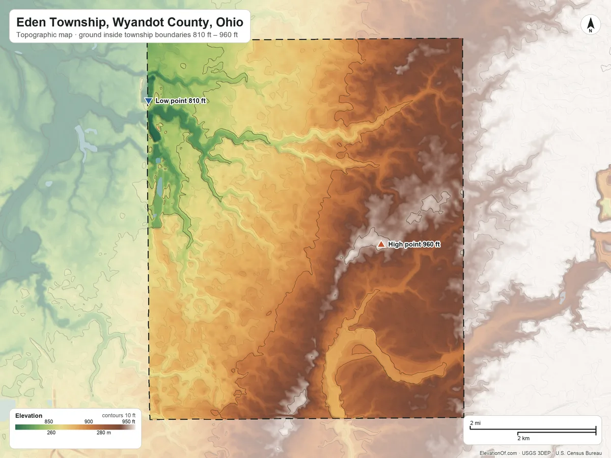 Topographic elevation map of Eden Township, Wyandot County, Ohio, shaded from 810 ft on the northwest side to 960 ft near the middle
