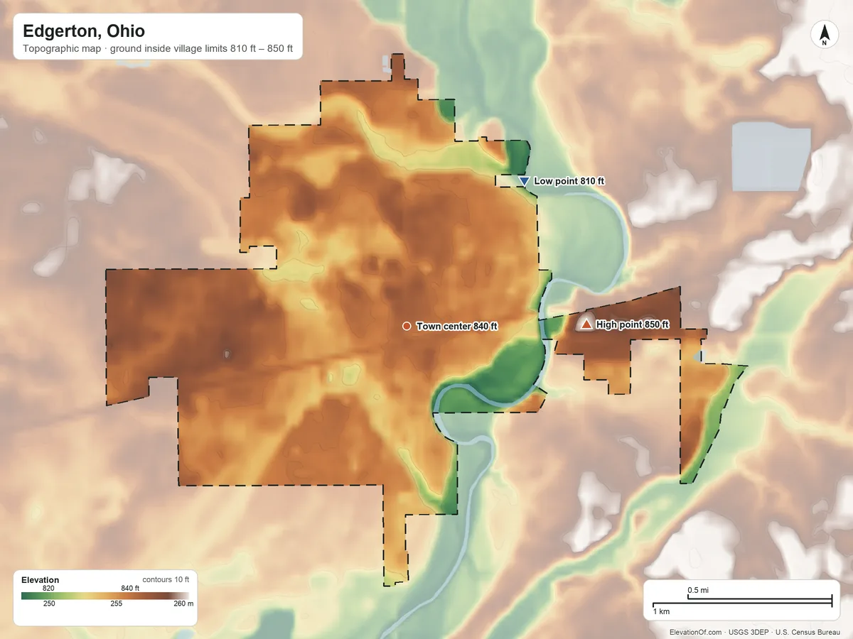 Topographic elevation map of Edgerton, Ohio, shaded from 810 ft on the northeast side to 850 ft on the east side