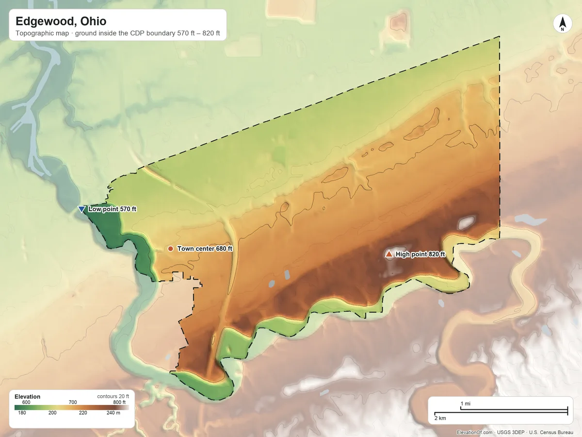 Topographic elevation map of Edgewood, Ohio, shaded from 570 ft on the northwest side to 820 ft on the east side