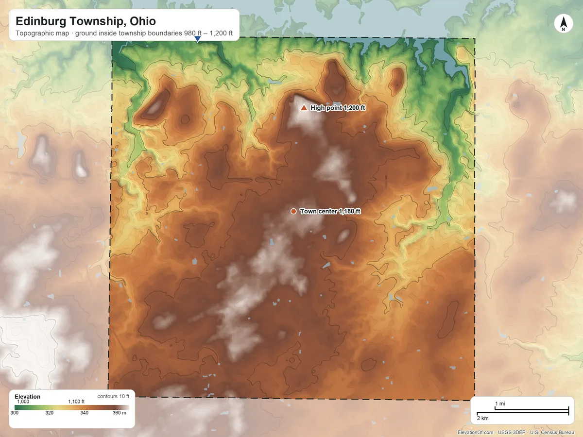 Topographic elevation map of Edinburg Township, Ohio, shaded from 980 ft on the northwest side to 1,200 ft on the north side