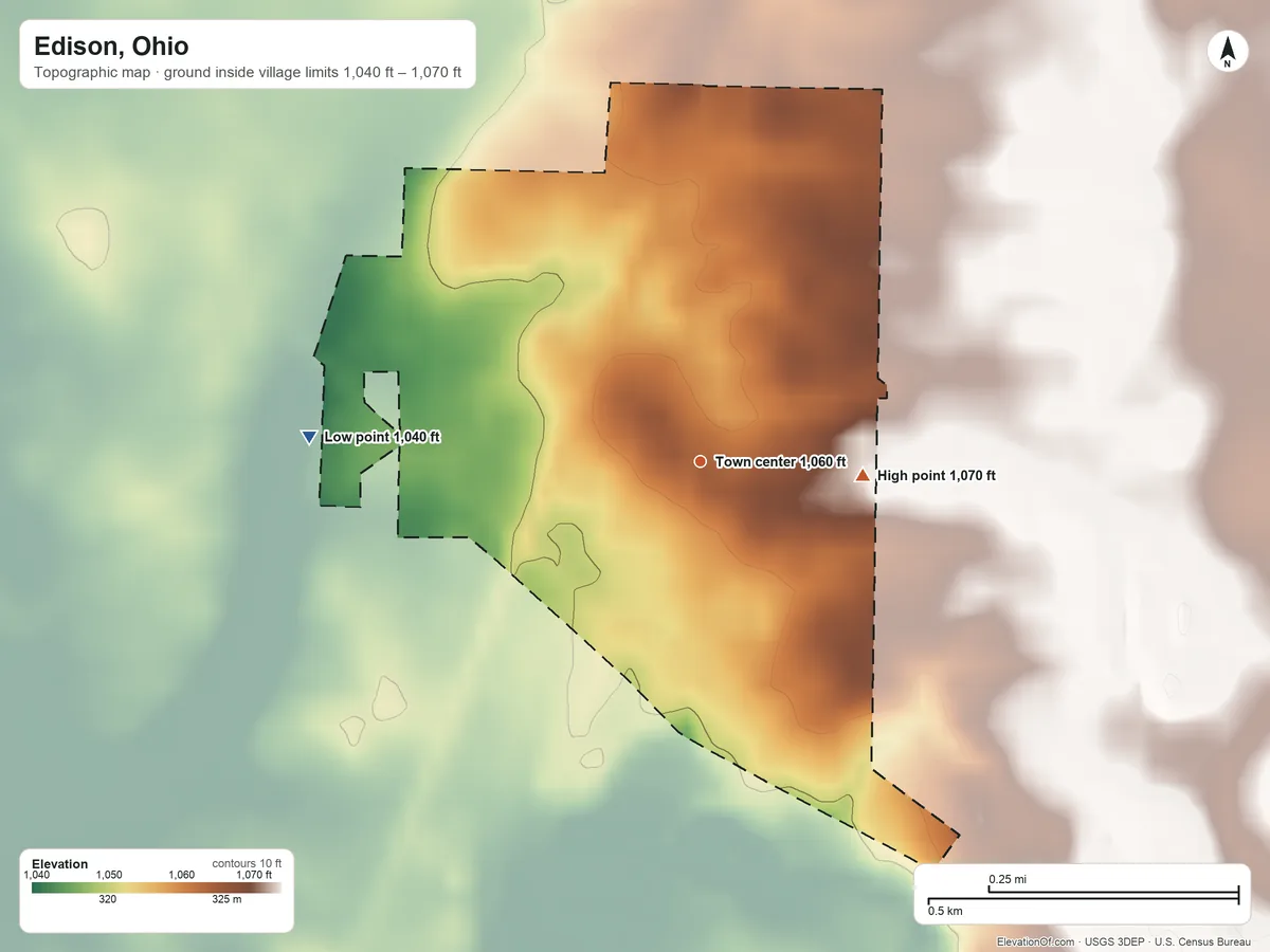 Topographic elevation map of Edison, Ohio, shaded from 1,040 ft on the west side to 1,070 ft on the east side