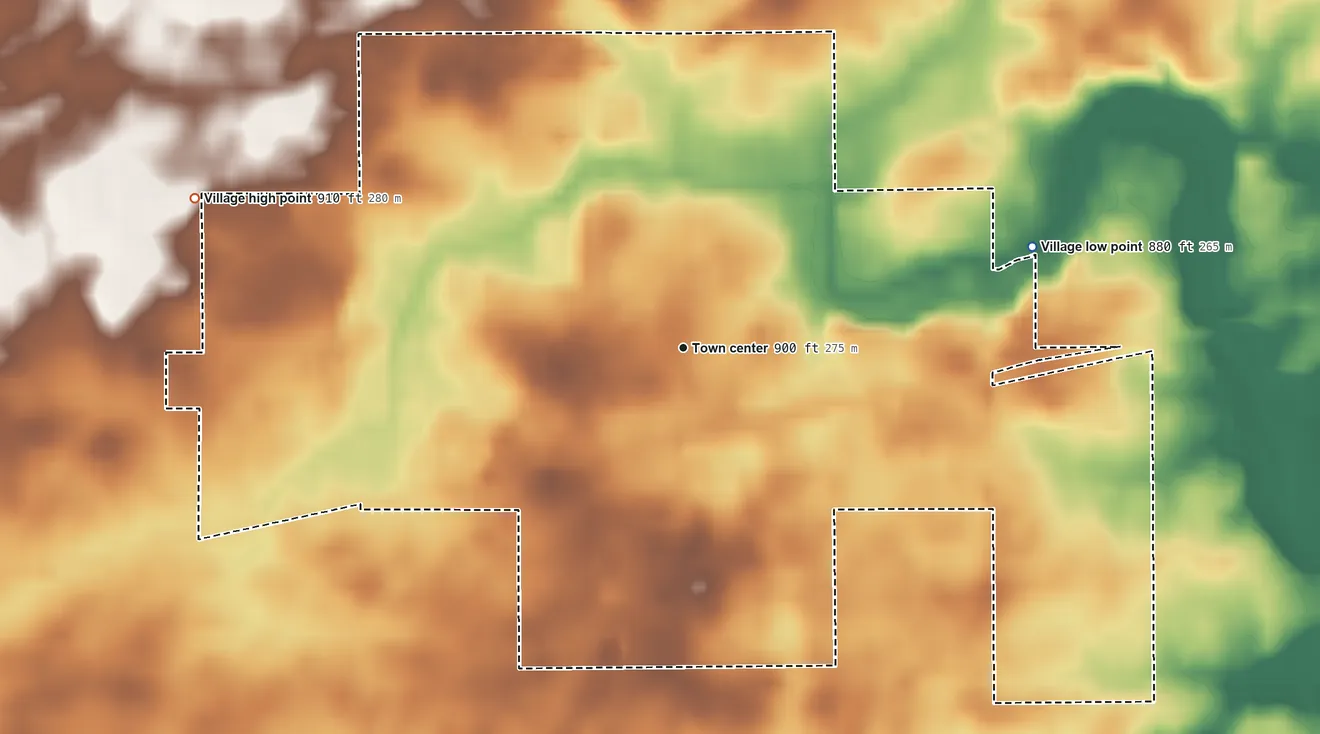 Topographic elevation map of Edon, Ohio, shaded from 880 ft on the east side to 910 ft on the west side