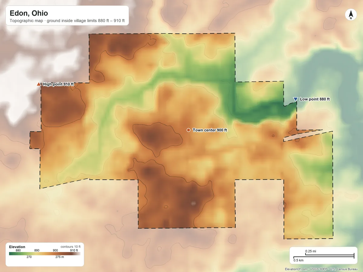 Topographic elevation map of Edon, Ohio, shaded from 880 ft on the east side to 910 ft on the west side