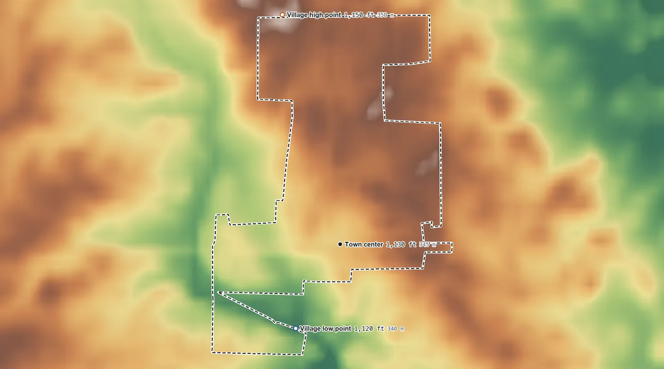 Topographic elevation map of Eldorado, Ohio, shaded from 1,120 ft on the southwest side to 1,150 ft on the north side
