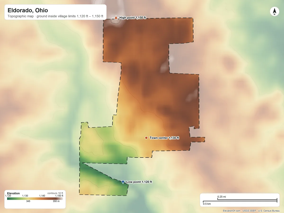 Topographic elevation map of Eldorado, Ohio, shaded from 1,120 ft on the southwest side to 1,150 ft on the north side