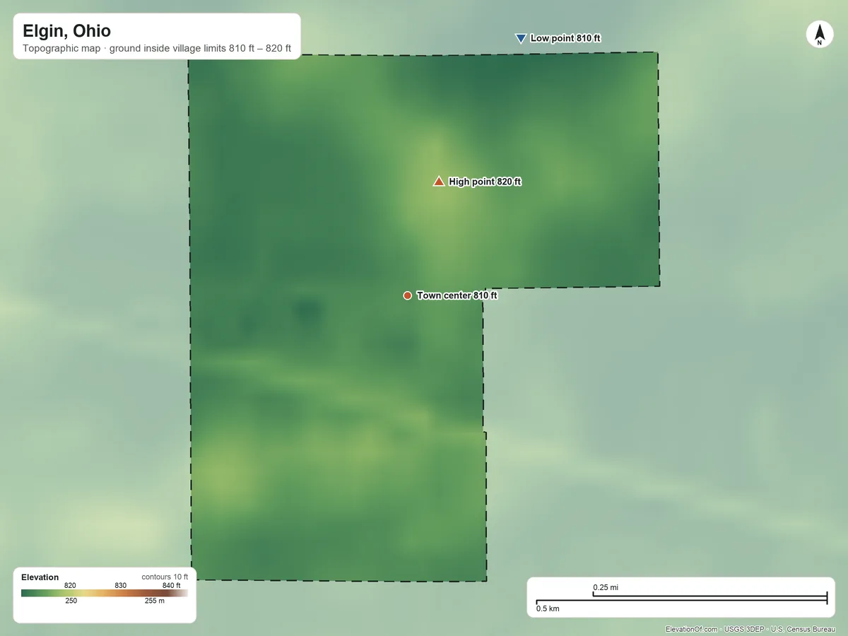 Topographic elevation map of Elgin, Ohio, shaded from 810 ft on the northeast side to 820 ft on the north side