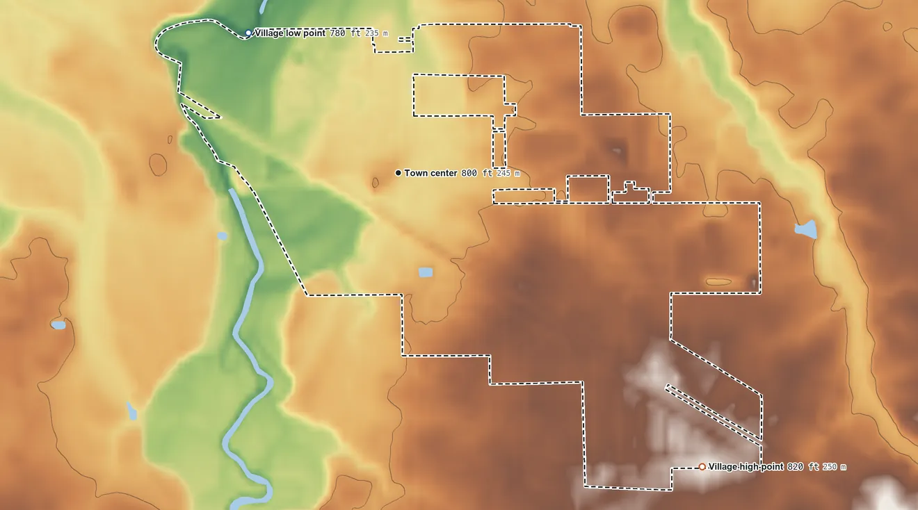 Topographic elevation map of Elida, Ohio, shaded from 780 ft on the northwest side to 820 ft on the southeast side