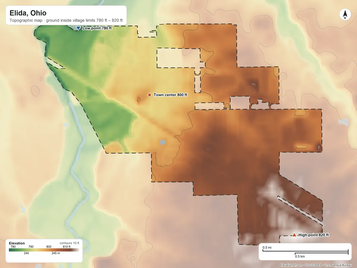 Topographic elevation map of Elida, Ohio, shaded from 780 ft on the northwest side to 820 ft on the southeast side