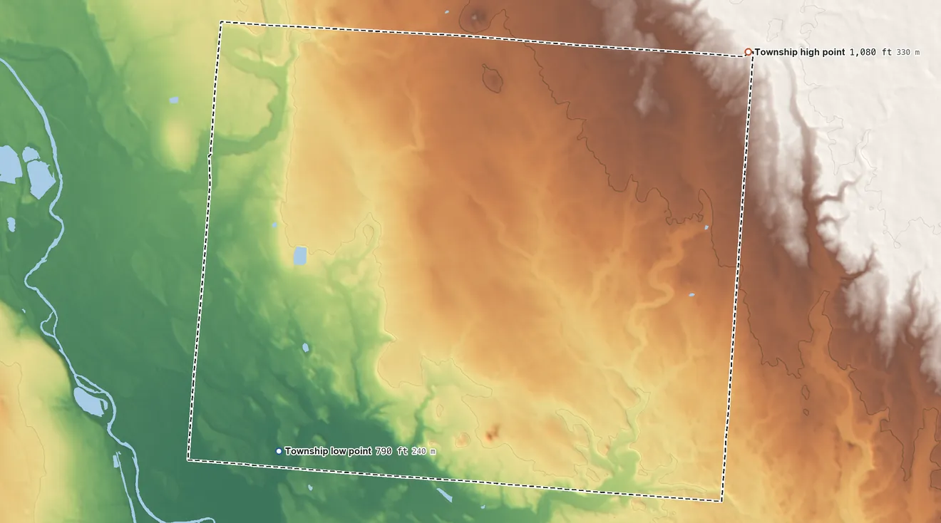 Topographic elevation map of Elizabeth Township, Miami County, Ohio, shaded from 790 ft on the southwest side to 1,080 ft on the northeast side