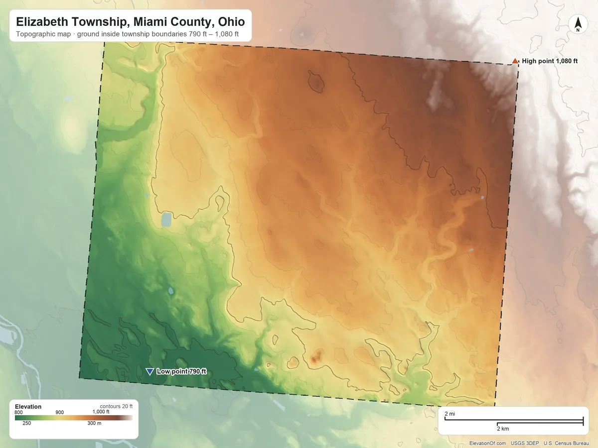 Topographic elevation map of Elizabeth Township, Miami County, Ohio, shaded from 790 ft on the southwest side to 1,080 ft on the northeast side